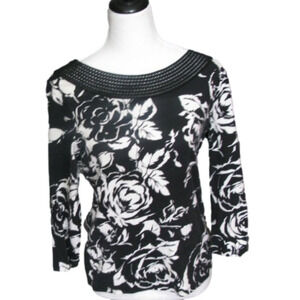 LAUREN Ralph Lauren Black/White Floral 3/4 Sleeve Size Large